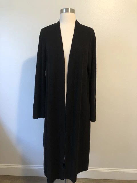 Eileen Fisher Black Linen Blend Open Front Long Sleeve Knit Cardigan Size S
