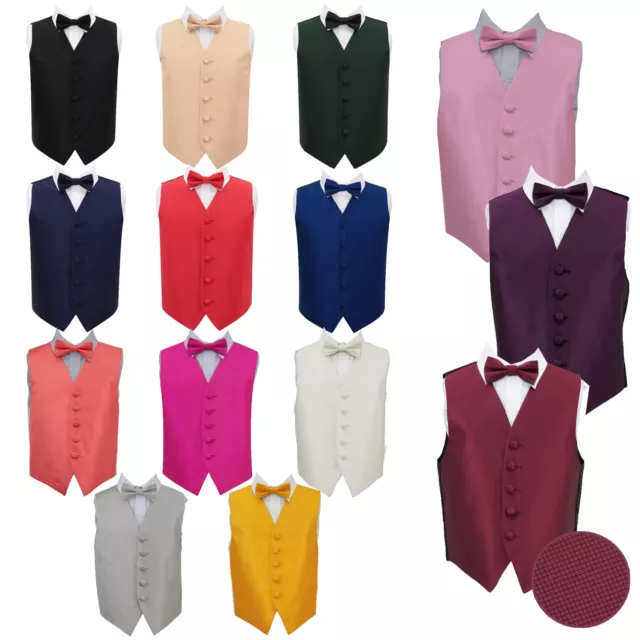 Boys Waistcoat & Bow Tie Set Woven Plain Solid Check Formal Wedding Vest by DQT