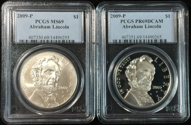 2009-P Pcgs Pr69 Proof/Unc Lincoln Commemorative Silver Dollars 2 Coin Set #255