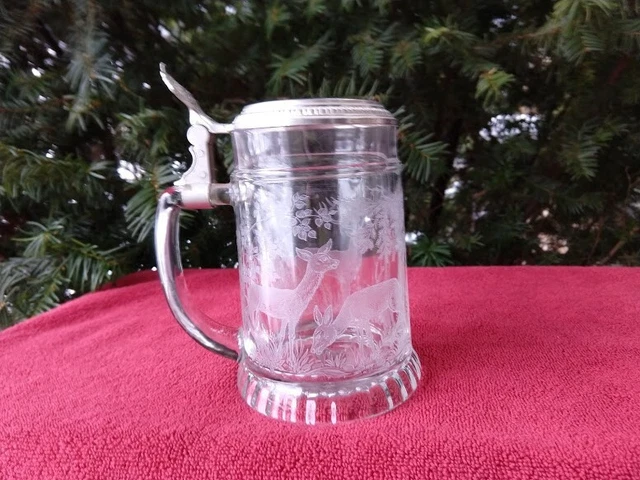 Clear crystal stein with aluminium cover etched deer design 5.5" x 4"