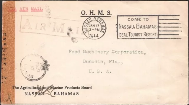 BAHAMAS, 1944. OHMS "Crown Paid" Censor, Nassau - Dunedin, Fl