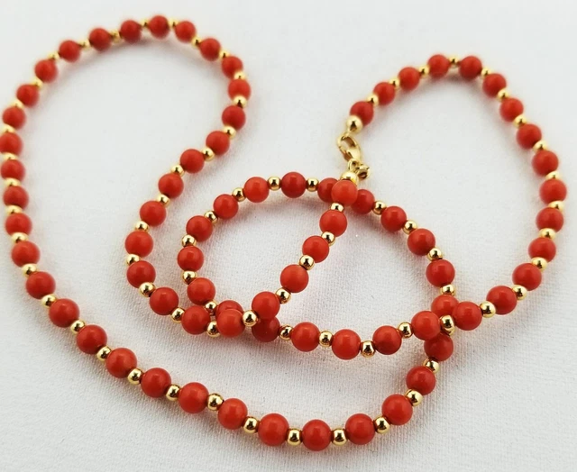 Napoli Italy Red Coral 18K NECKLACE 3mm Gemstone Beaded Yellow Gold VTG GN1
