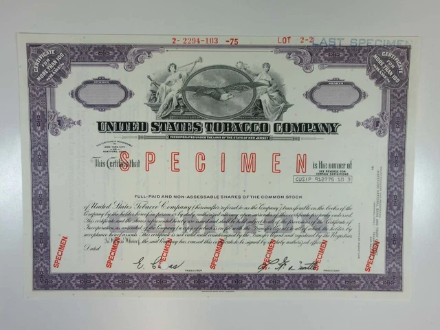 NJ. U.S. Tobacco Co., 1975. 100 Shrs Specimen Stock Cert., VF-XF condition