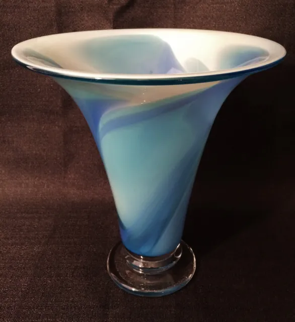 Lg Robinson Scott 1999 Blown Art Glass Trumpet Flower Vase Blue Contemporary A+