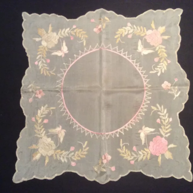 1900s Canton Silk Elegant Vtg Floral BUTTERFLY Deco Wedding Handkerchief Heirloo