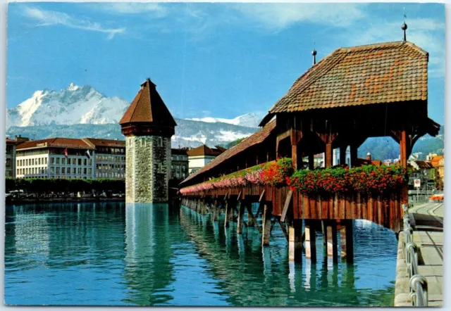 Postcard - Chapel bridge with Water Tower and Mt. Pilate - Lucerne, Switzerland