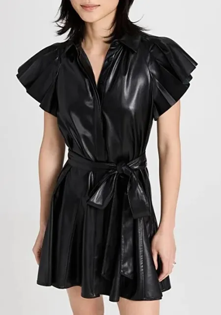 New ALICE + OLIVIA Faux Leather Pleated Short Sleeve Mini Dress. 4