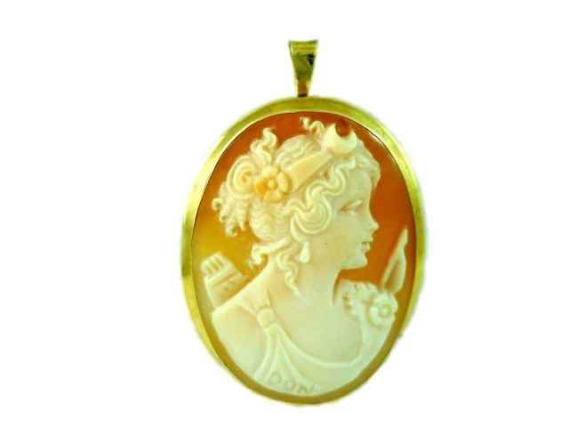 Pendentif En Or Jaune 14 Carats Avec Camée Fleur En Pâte De Turquoise - Italie - Neuf Avec étiquettes
