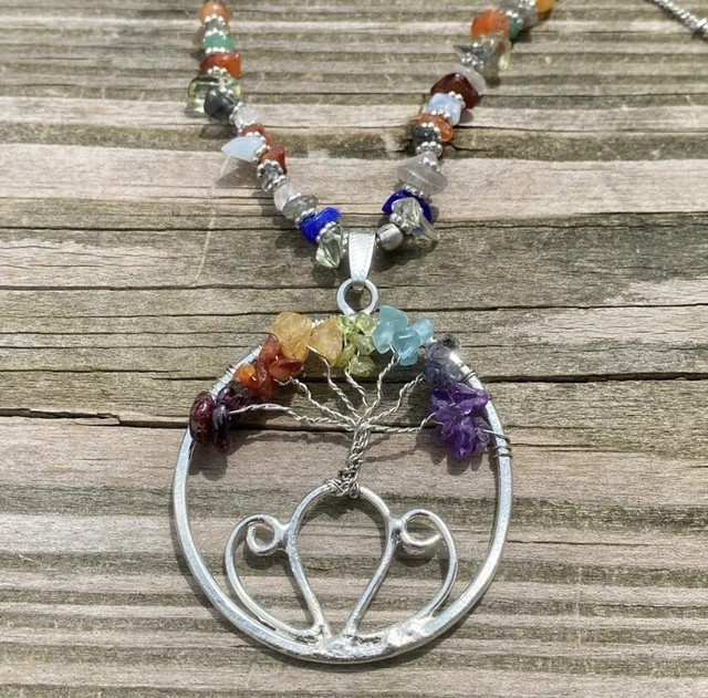 Genuine gemstone tree of life chakra necklace long 30” chain