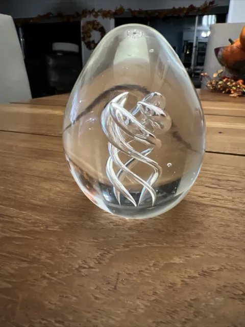 Pier 1 Imports Egg Shape Clear Paperweight With Swirl Design Inside 3" Tall