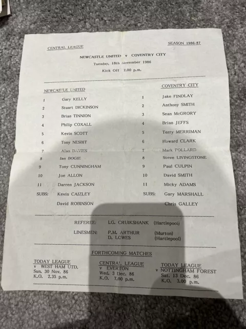 Newcastle United v Coventry City 18/11/1986 Reserves Central League