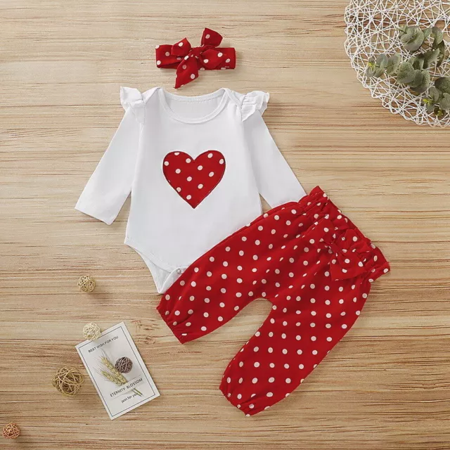 Newborn Baby Girls Polka Dot Ruffle Romper Tops Pants Headband Clothes Outfit