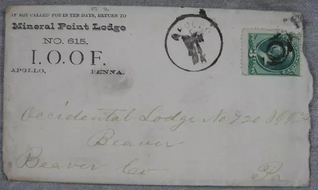 1876 Mineral Point Lodge 615 IOOF Apollo, PA Postmark Stamp & Cover & Billhead