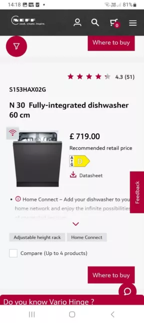 Neff S153HAX02G Integrated Dishwasher