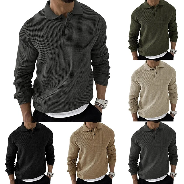 Pullover uomo top bottone reverso manica lunga M ~ 2XL pullover shirt sottile tinta unita