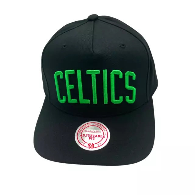 Boston Celtics Hat - Black NBA Team Colour Script Logo Snapback Cap - Mitchel...