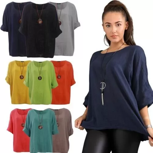 Mujer Italiano Liso Collar Túnica Top Algodón Verano Manga Larga Holgado Top