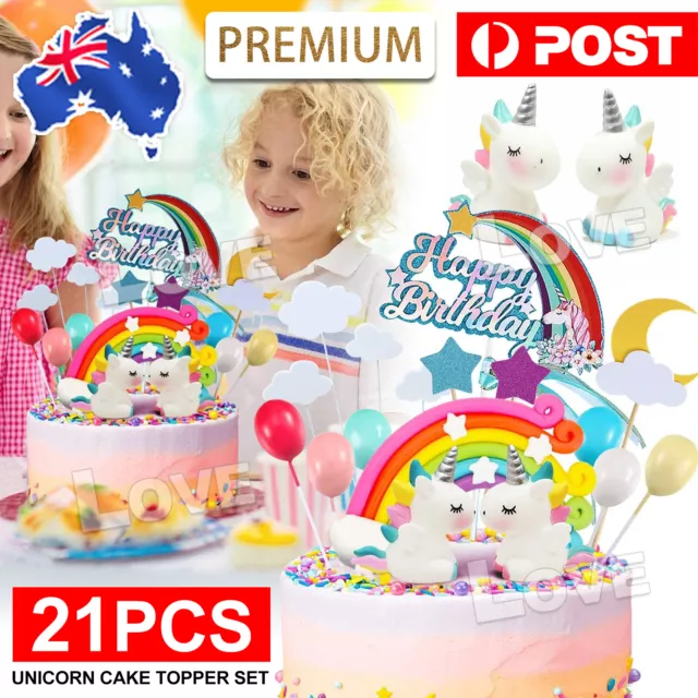 21pcs Unicorn Cake Topper Kit Cloud Rainbow Happy Birthday Banner Decorations AU