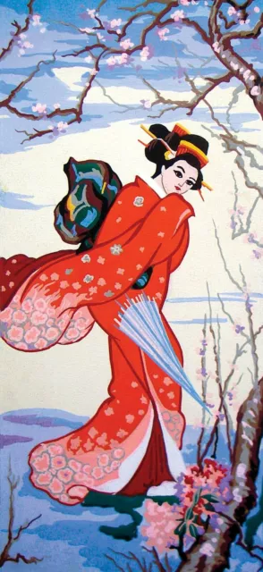 Geisha IN Rot Kimono Wandteppiche Nadelspitze Leinen - 22.9cm x 50.2cm