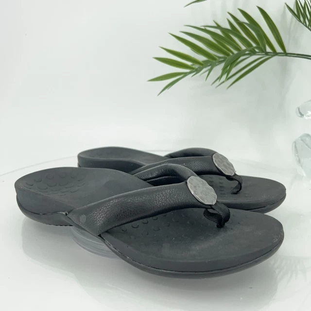 Vionic Women's Lida Thong Sandals Slide Flip Flop Size 7.5 Black Leather Shoe