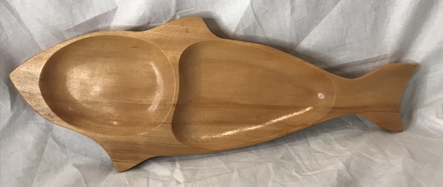 MCM Wooden Hand Carved & Hand Painted Fish Dish Nut/ Trinket Made in Japan 14"