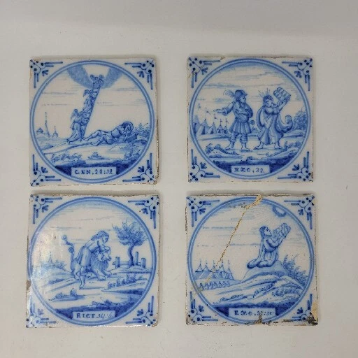 (4) Antique Dutch Delft Landscape Tile Double Circle Blue Biblical Scripture