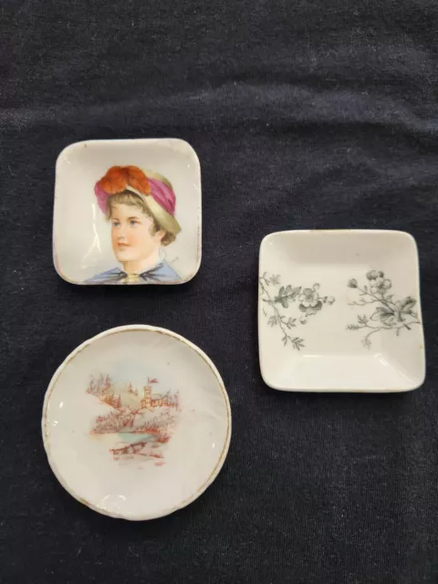 Antique set of 3 floral flower porcelain butter pats trinket dishes Dish/vintage