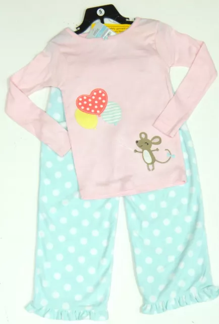 Carter's Girls 2 Pce Pyjamas Set Pink Embellished Top, Blue Fleecy Bottoms 8 Yrs