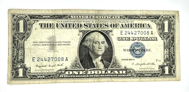 One Dollar Silver Certificate with Blue Seal Series 1957A in Protective Sleeve