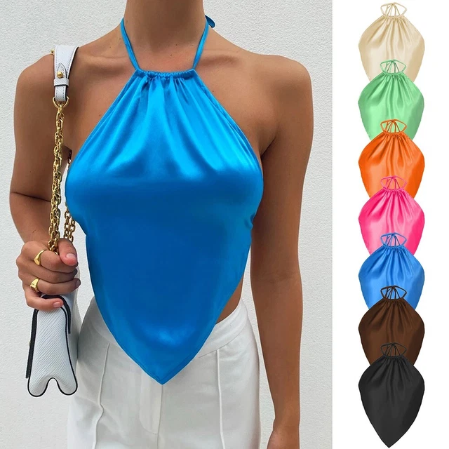 Sexy Frauen Halfter Neck Sleeveless Crop Top Camisole Backless Vest Satin