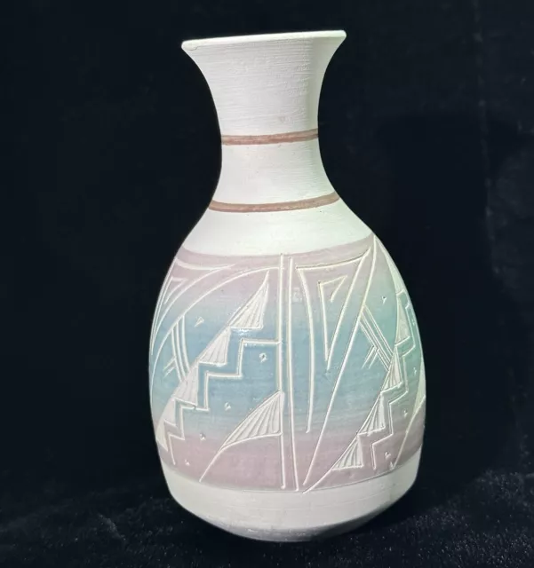Vintage Handmade Pastel Southwest Style Ceramic Vase Signed R Gonza Mexico 6"