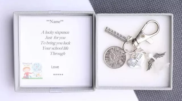 Personalised First Day at School Lucky Sixpence Novelty Keyring - Gift