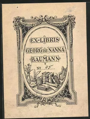 Exlibris Georg u. Nanna Baumann, Bücher, Leier und Schreibfedern