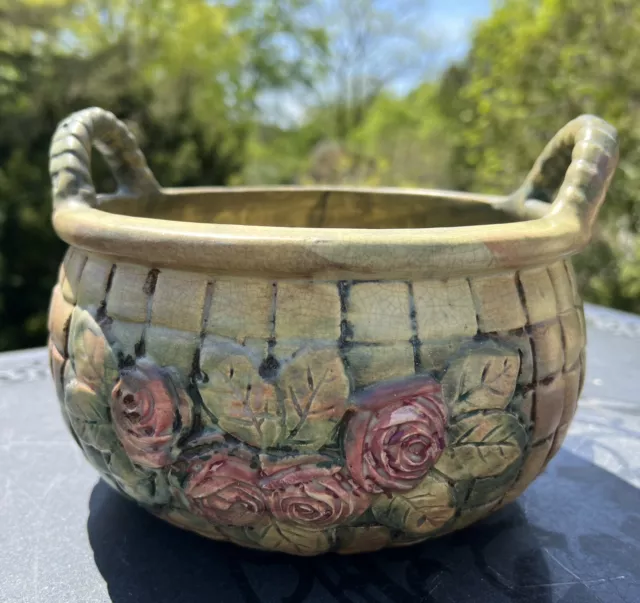 Vtg Weller Flemish 1920's Art Pottery Red Roses Planter Cache Pot Basket Shape