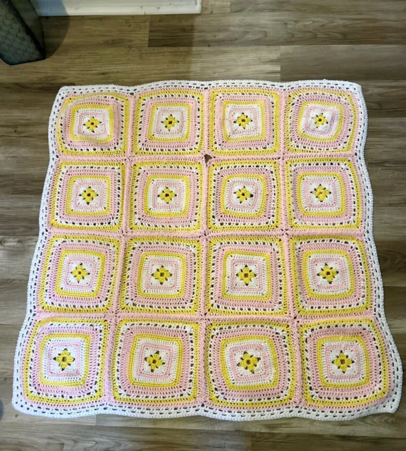 Vintage Granny Square Afghan Crochet Blanket Throw 33x40 Grannycore Hand Made
