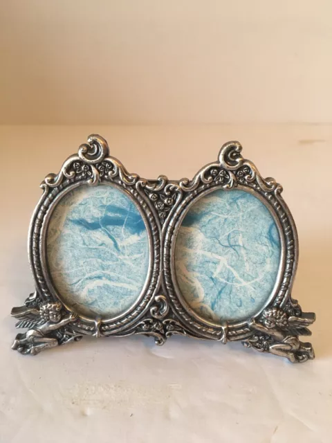 Vintage Silver Tone Cherub Ornate Double Picture Frame 4”x 2.5”