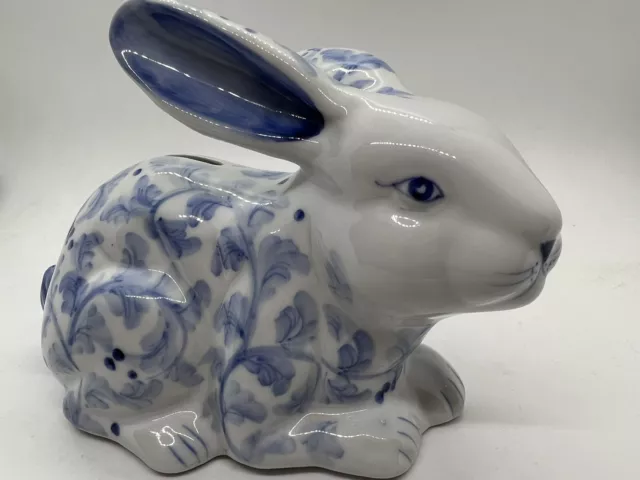 Andrea By Sadek Porcelain White and Blue Rabbit Bunny Piggy Bank W/Original Tags