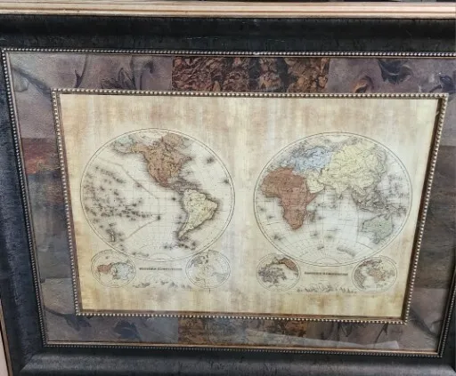 DOUBLE WORLD MAP Hemispheres Wood FRAMED PRINT ART Globe Geography