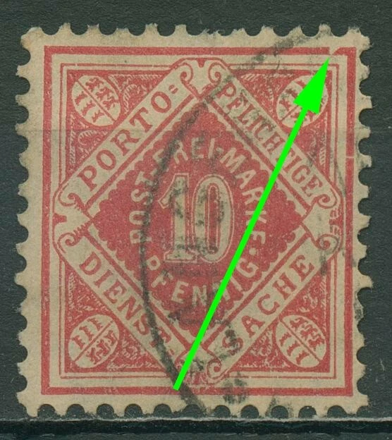 Württemberg Dienst 1906/16 Ziffer/Raute Plattenfehler 115 a I gest., Zahnfehler