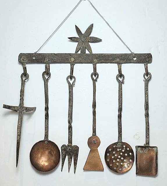 Antique Set Of Miniature Forged Iron&Copper Cooking Implements With Rack 19th.c