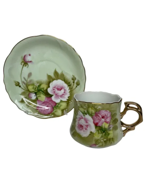 Lefton China Hand Painted Green Heritage Rose Pink Roses Teacup and Saucer