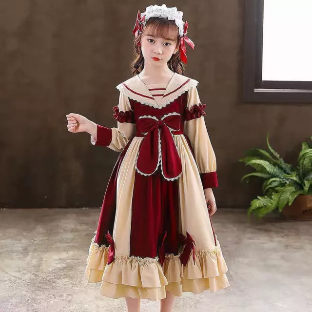 Children Long Sleeve Lolita Aline Dress Girls Cute Bowknot Ruffle Hem Princess