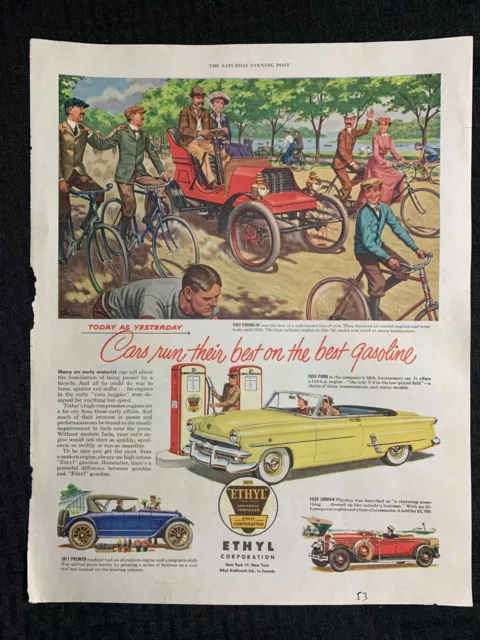 1953 ETHYL GASOLINE CORP. 11x14" Automotive Print Ad VG 4.0 Cars Run Their Best