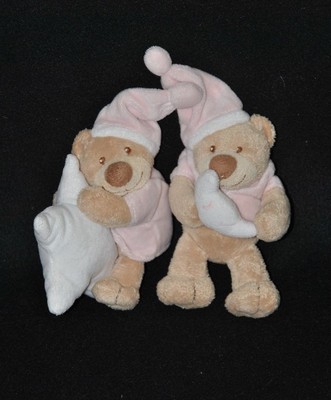 Doudou Lot 2 peluche doudou ours brun NATTOU rose blanc lune étoile 13 cm TTBE 