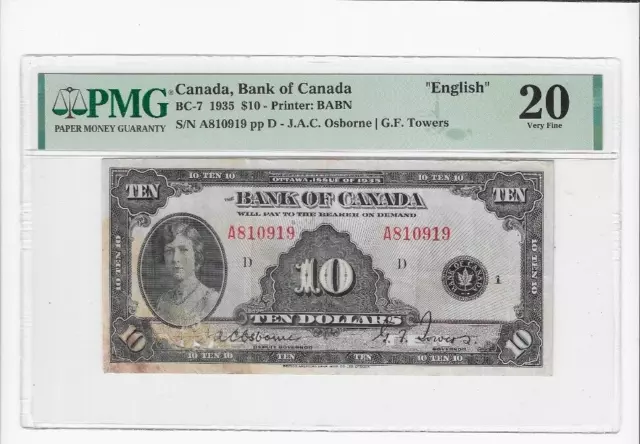 1935  Bank of Canada BC-7, $10 Osb/Tow SN A810919 , PMG VF-20 English See Desc