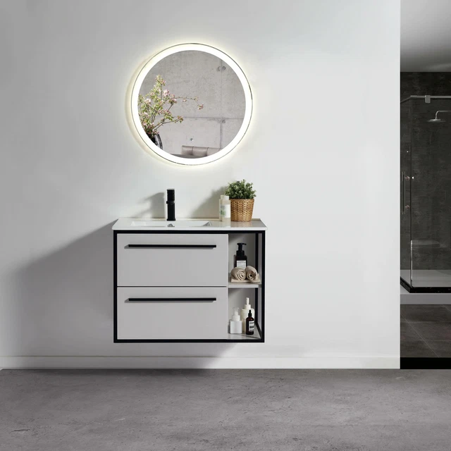 Mobile bagno sospeso 80 cm 2 cassetti in legno verde satinato con lavabo a incasso - Astoria