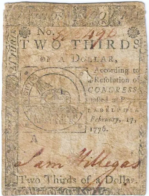 1776 $2/3 Continental Currency Note ~ Fugio & Continental Dollar Rev. Very Fine