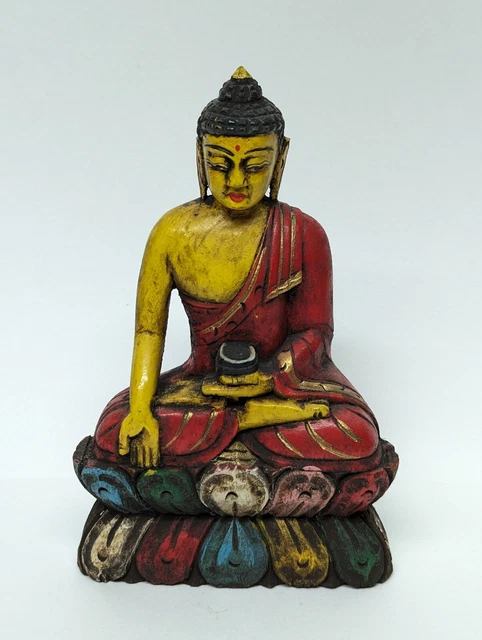 Carved Wooden Buddha Statue Hand Carved Hand Painted 6" Tall x 3.8" Wide.