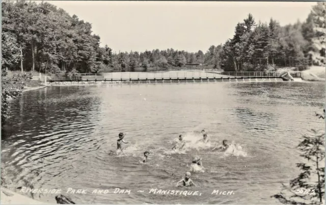 1930s-40s Manistique Michigan RPPC Postcard ~ Riverside Park & Dam w Swimmers