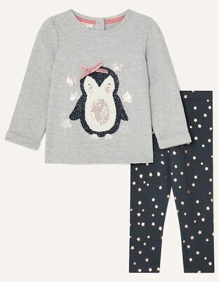 Set felpa e leggings pinguino per bambine Monsoon età 3-6 mesi *NUOVI CON ETICHETTE*